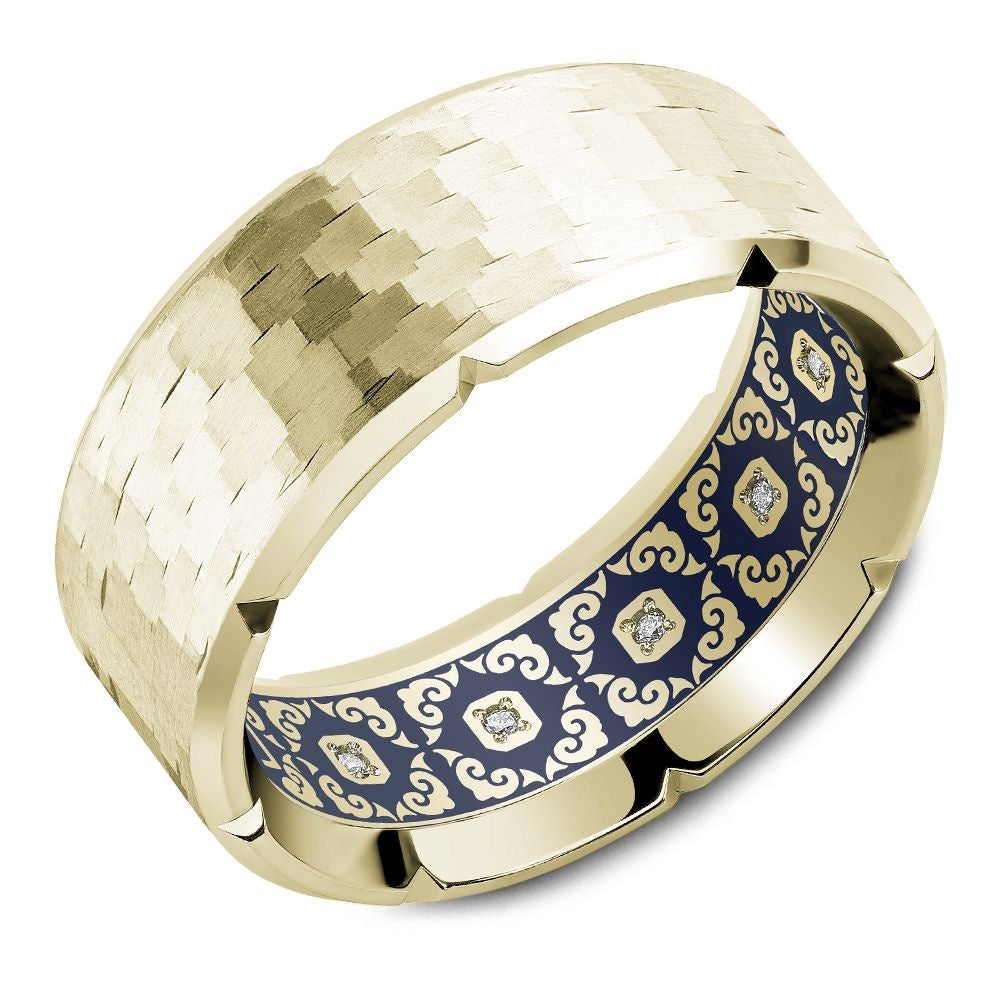 Carlex Men's Wedding Band - 18K Yellow Gold with Hammered Finish, Blue Enamel Interior Scrollwork, and Diamond Accents- Special Order - 8.5mm Width from the G4 Collection