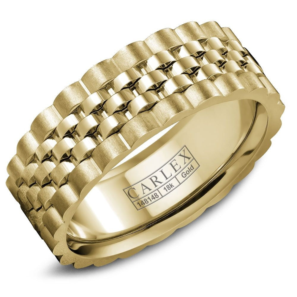 Carlex Men's Wedding Band - 18K Yellow Gold with High Polish Center and Sandpaper Sides - 7.5mm Width from the G3 Collection