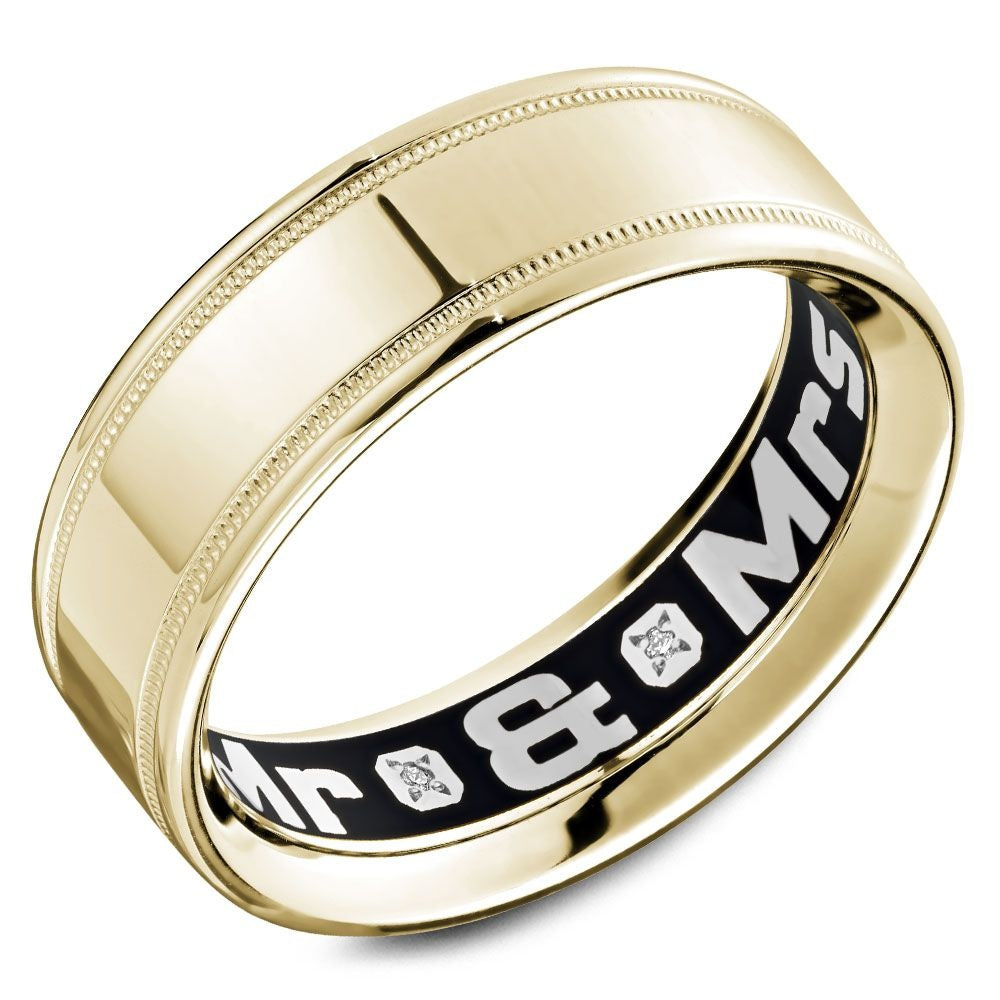 Carlex Men's Wedding Band - 18K Yellow Gold with Milgrain Edges and Custom Black Interior Diamond Accent- Center Stone Sold Separately - 7mm Width from the G4 Collection