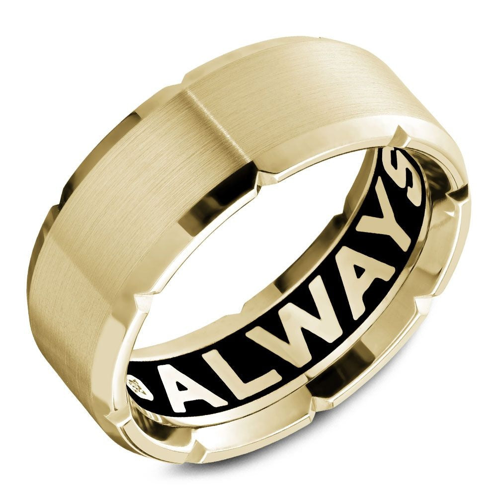 Carlex Men's Wedding Band - 18K Yellow Gold with Sandpaper Center, High Polish Edges, and Interior Diamond - 8.5mm Width from the G4 Collection