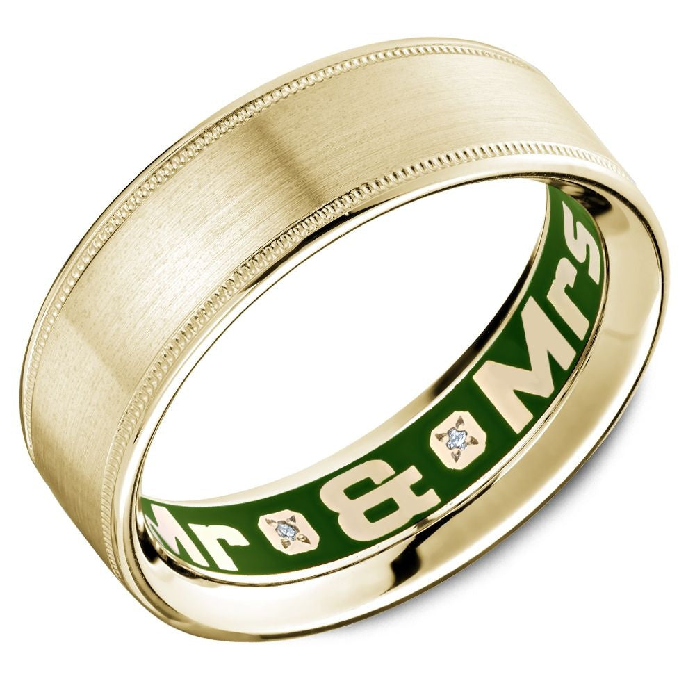 Carlex Men's Wedding Band - 18K Yellow Gold with Sandpaper Finish, Milgrain Edges, Green Enamel Interior, and "Mrs. & Mrs." Diamond Accent- Special Order - 7mm Width from the G4 Collection