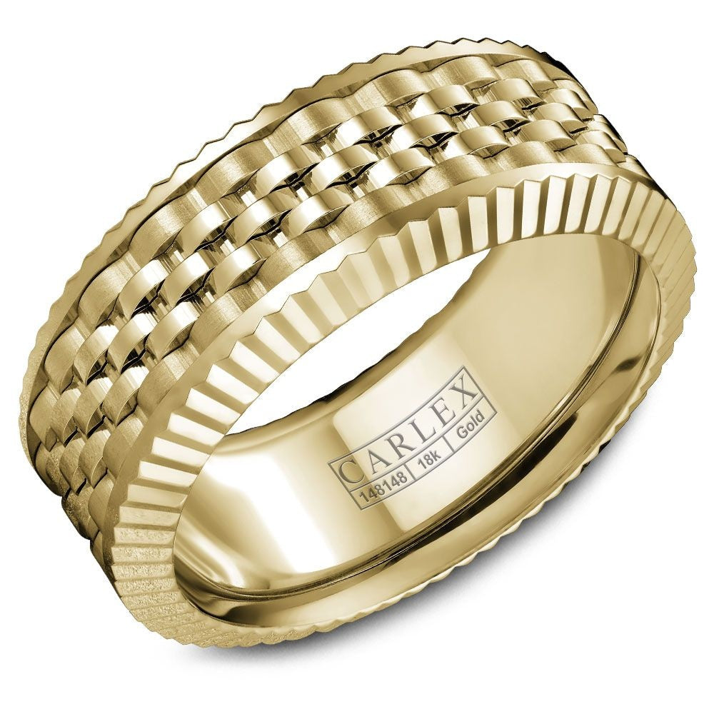 Carlex Men's Wedding Band - 18K Yellow Gold with Woven Braided Center and Fluted Edges - 8.5mm Width from the G3 Collection