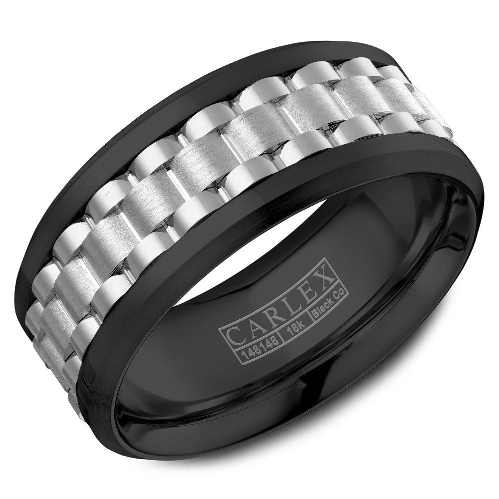 Carlex Men's Wedding Band - Black Cobalt and 18K White Gold with Frosted Center and Polished Bevel - 9mm Width from the Sport Collection