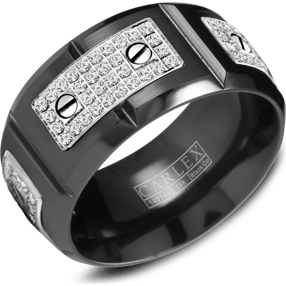Carlex Men's Wedding Band - Black Cobalt and 18K White Gold with Pavé Round Diamonds - 0.77 Carat Total Diamond Weight - 11mm Width from the Sport Collection