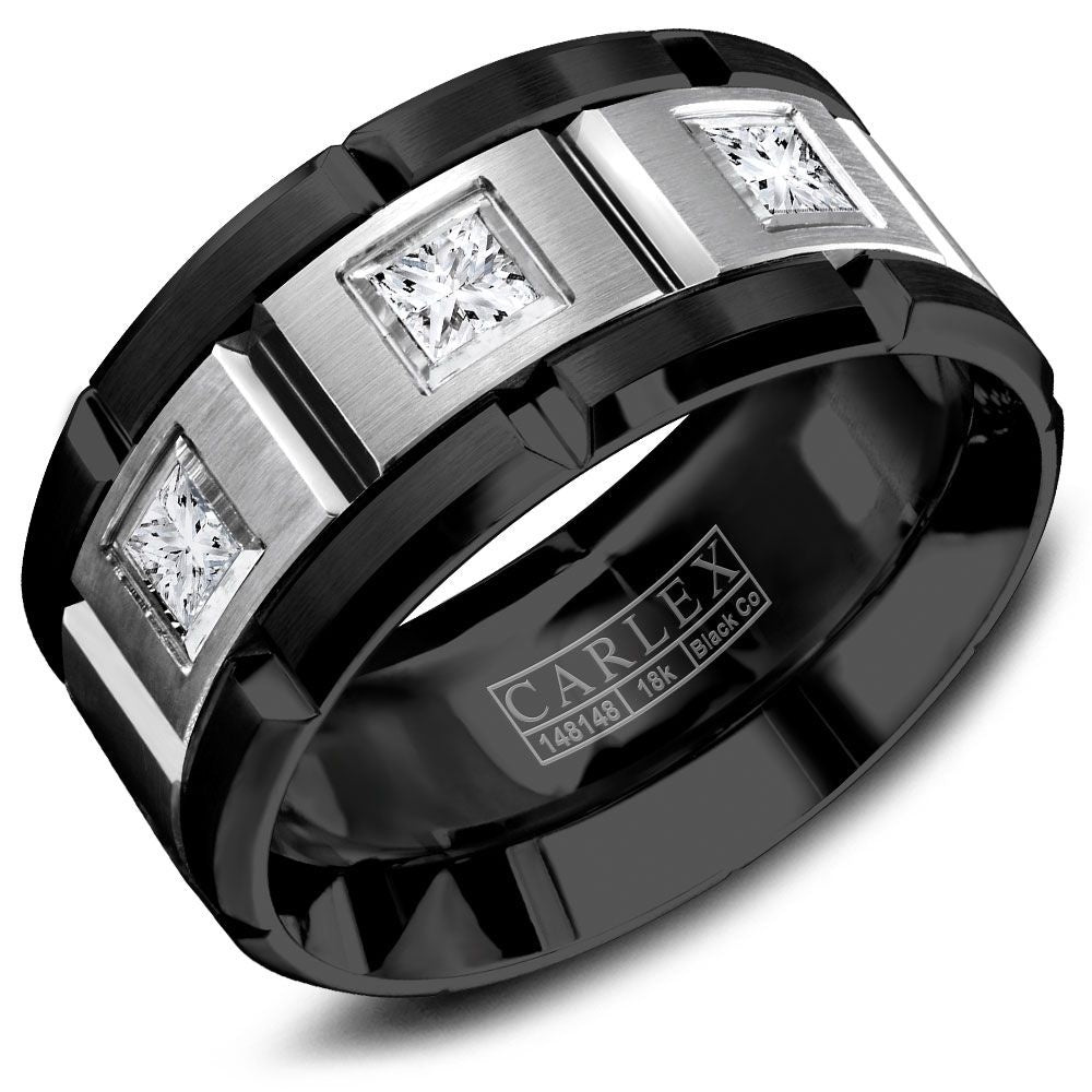 Carlex Men's Wedding Band - Black Cobalt and 18K White Gold with Princess Cut Diamonds - 0.45 Carat Total Diamond Weight - 10.5mm Width from the Sport Collection