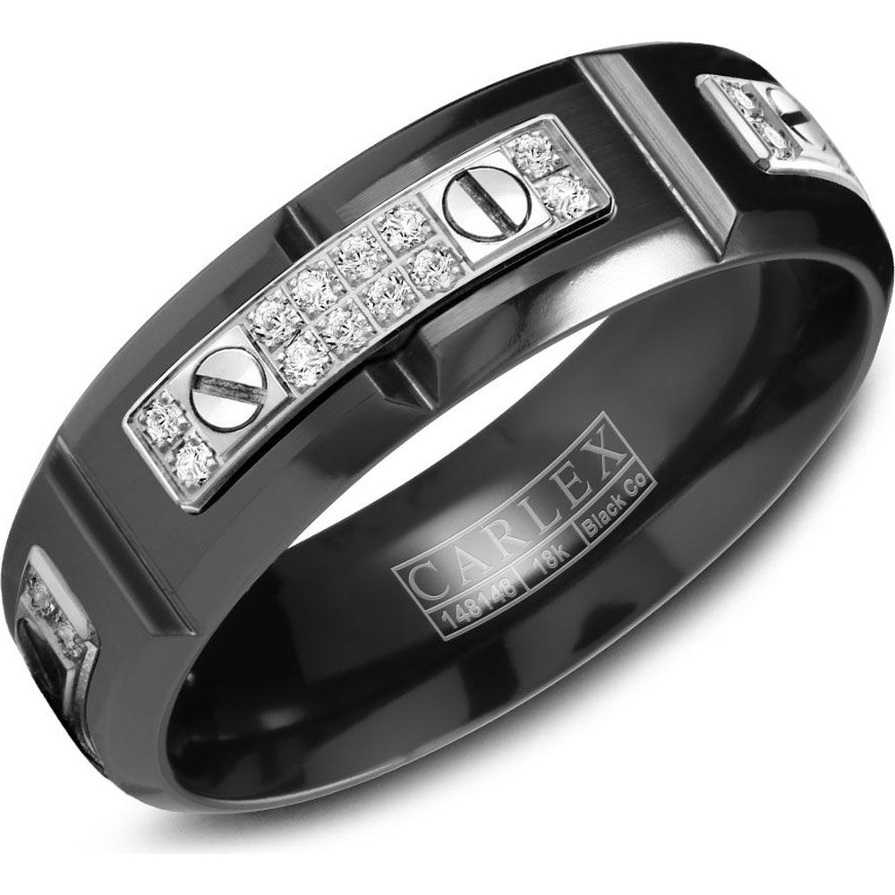 Carlex Men's Wedding Band - Black Cobalt and 18K White Gold with Round Diamond Inlay Sections- 0.29 Carat Total Diamond Weight - 6.5mm Width from the Sport Collection