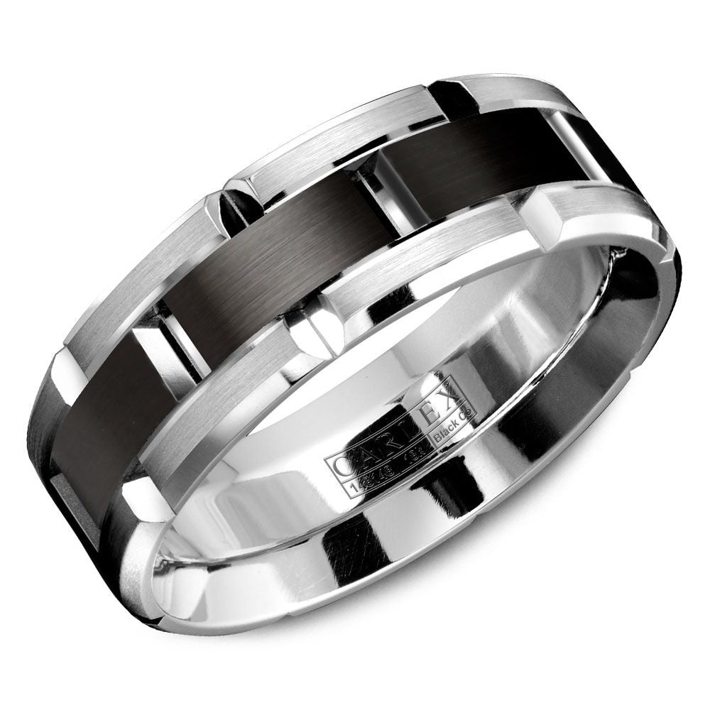 Carlex Men's Wedding Band - Black Cobalt and 18K White Gold with Sandpaper Finish and High Polish Bevel - 7.5mm Width from the Sport Collection