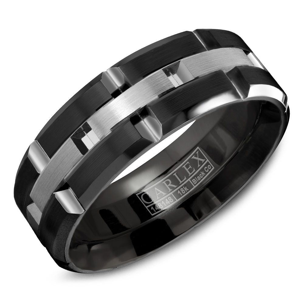 Carlex Men's Wedding Band - Black Cobalt and 18K White Gold with Sandpaper Finish and High Polish Bevels - 7.5mm Width from the Sport Collection