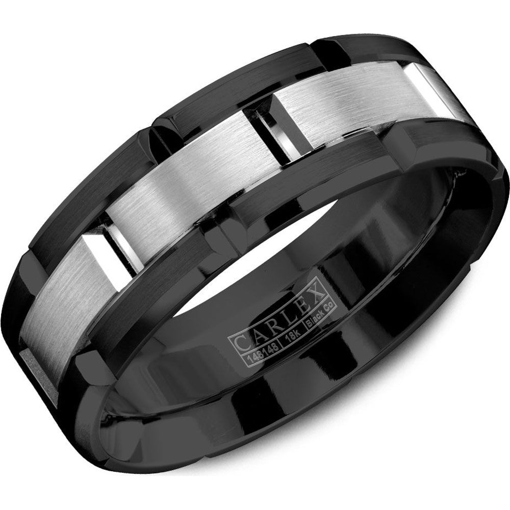 Carlex Men's Wedding Band - Black Cobalt and 18K White Gold with Sandpaper Top and High Polish Bevel - 7.5mm Width from the Sport Collection