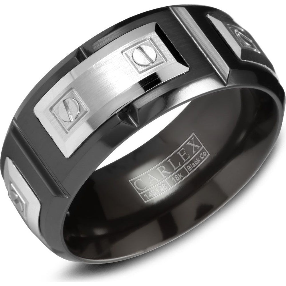 Carlex Men's Wedding Band - Black Cobalt and 18K White Gold with Screw Motif - 9.5mm Width from the Sport Collection