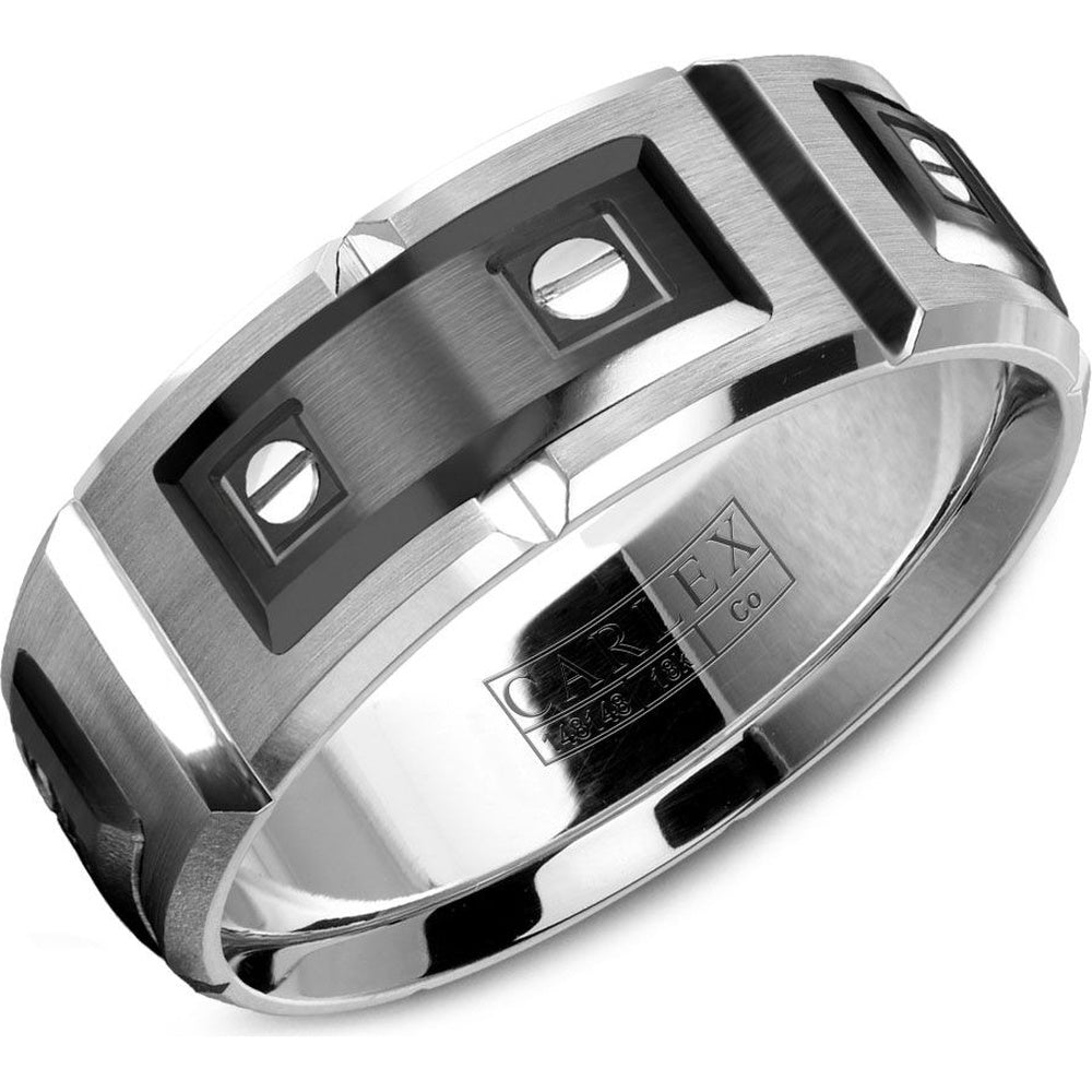 Carlex Men's Wedding Band - Black Cobalt and 18K White Gold with Square Motif- Available in Multiple Metals - 9.5mm Width from the Sport Collection