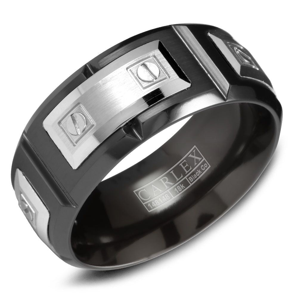 Carlex Men's Wedding Band - Black Cobalt and 18K White Gold with Square-Set Diamonds - 8mm Width from the Sport Collection