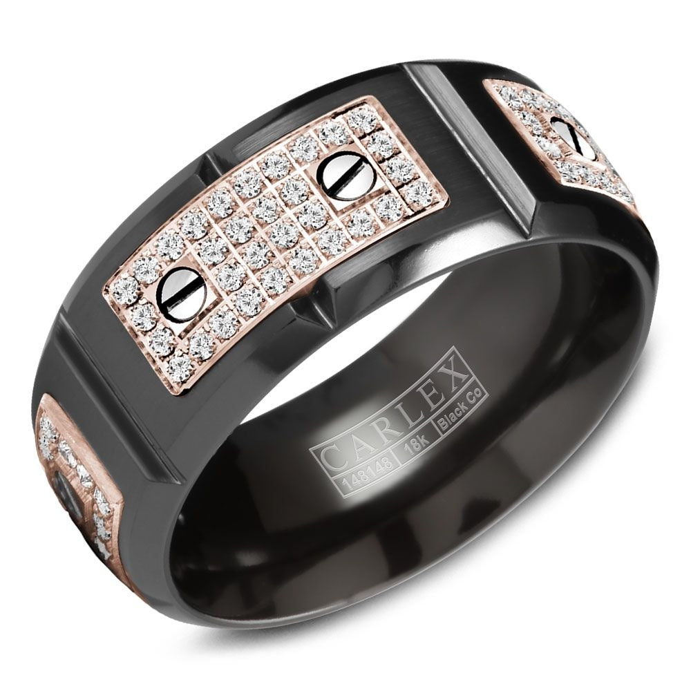 Carlex Men's Wedding Band - Black Cobalt and 18K Rose Gold with Round Diamond Sections- 0.77 Carat Total Diamond Weight - 9.5mm Width from the Sport Collection
