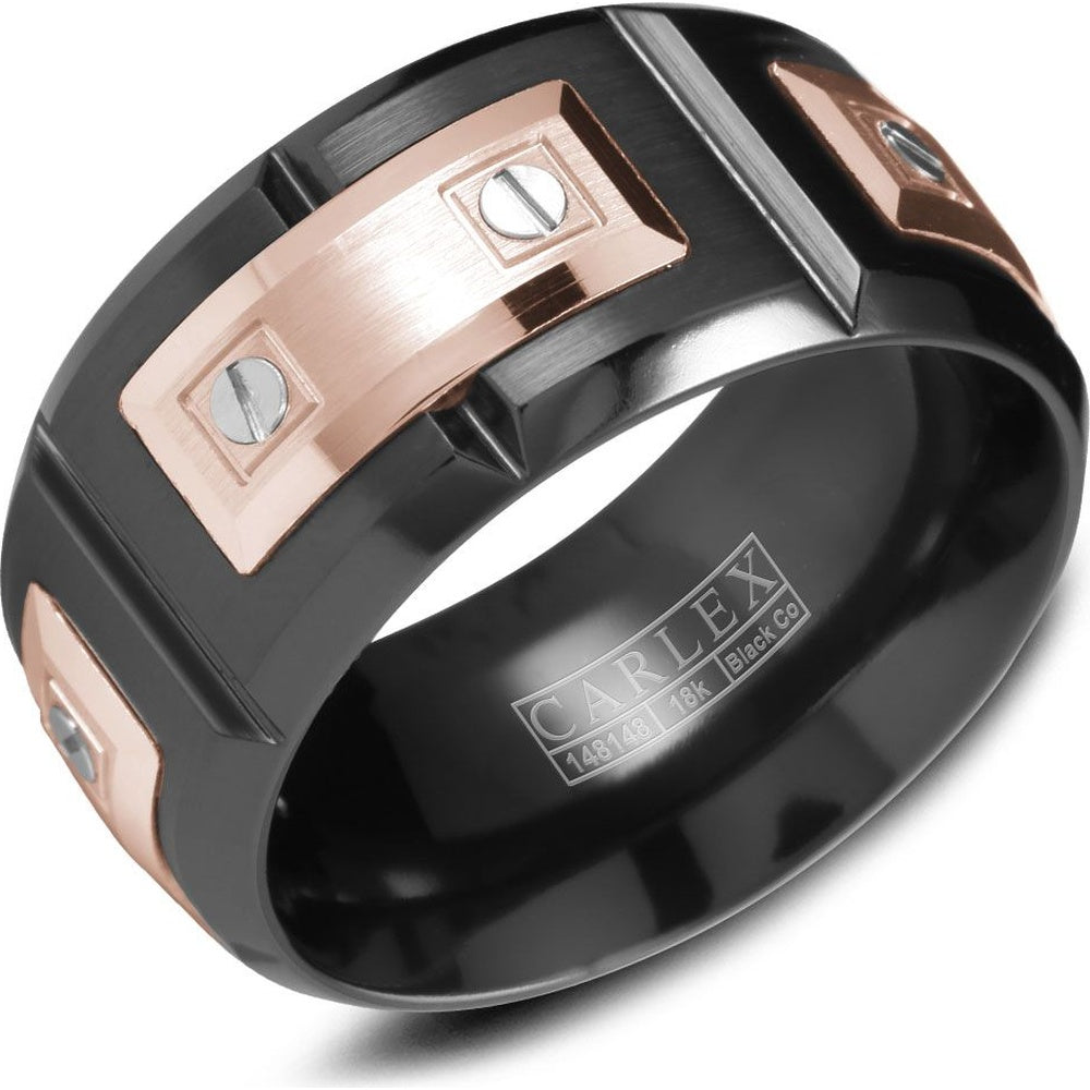 Carlex Men's Wedding Band - Black Cobalt and 18K Rose Gold with Screw Motif- Size 10 - 11mm Width from the Sport Collection