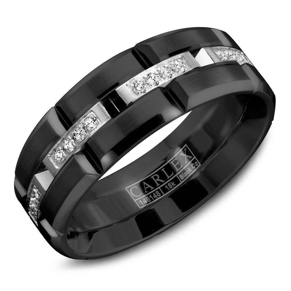 Carlex Men's Wedding Band - Black Cobalt and 18K White Gold with 0.19 Carat Round Diamonds - 7.5mm Width from the Sport Collection