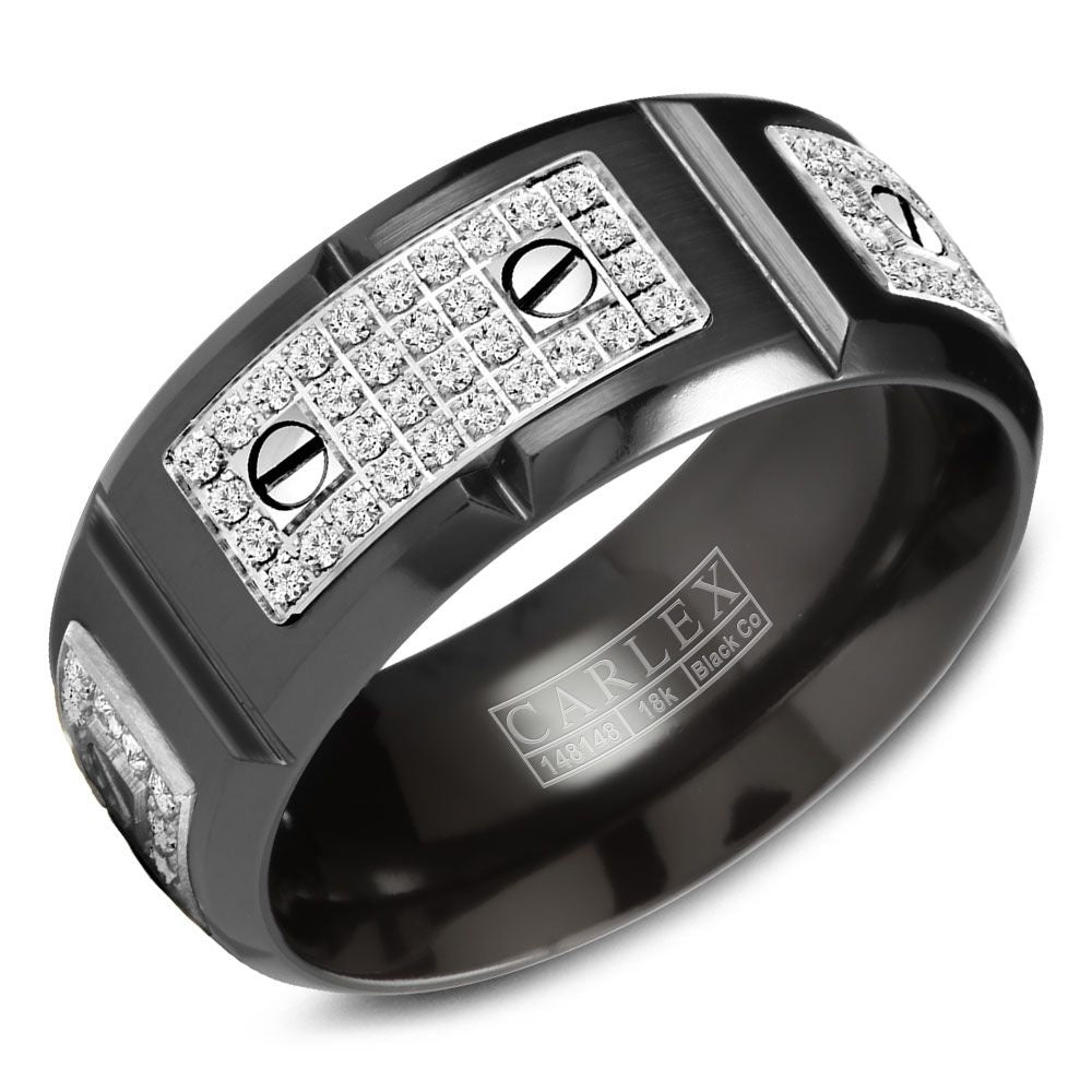 Carlex Men's Wedding Band - Black Cobalt and 18K White Gold with Pavé Round Diamonds and Screw Motif- 0.77 Carat Total Diamond Weight - 9.5mm Width from the Sport Collection