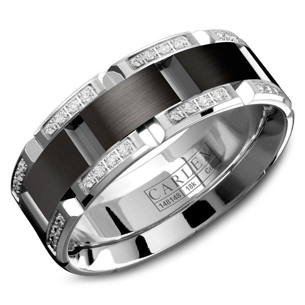 Carlex Men's Wedding Band - Black Cobalt and 18K White Gold with Round Diamonds - 0.38 Carat Total Diamond Weight - 7.5mm Width from the Sport Collection