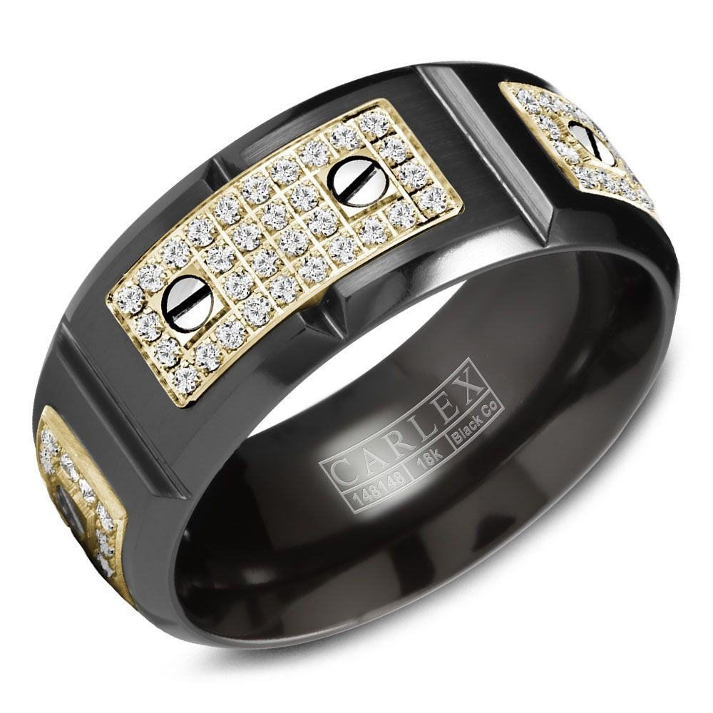 Carlex Men's Wedding Band - Black Cobalt and 18K Yellow Gold with Pavé Round Diamonds and Screw Motif- 0.77 Carat Total Diamond Weight - 9.5mm Width from the Sport Collection