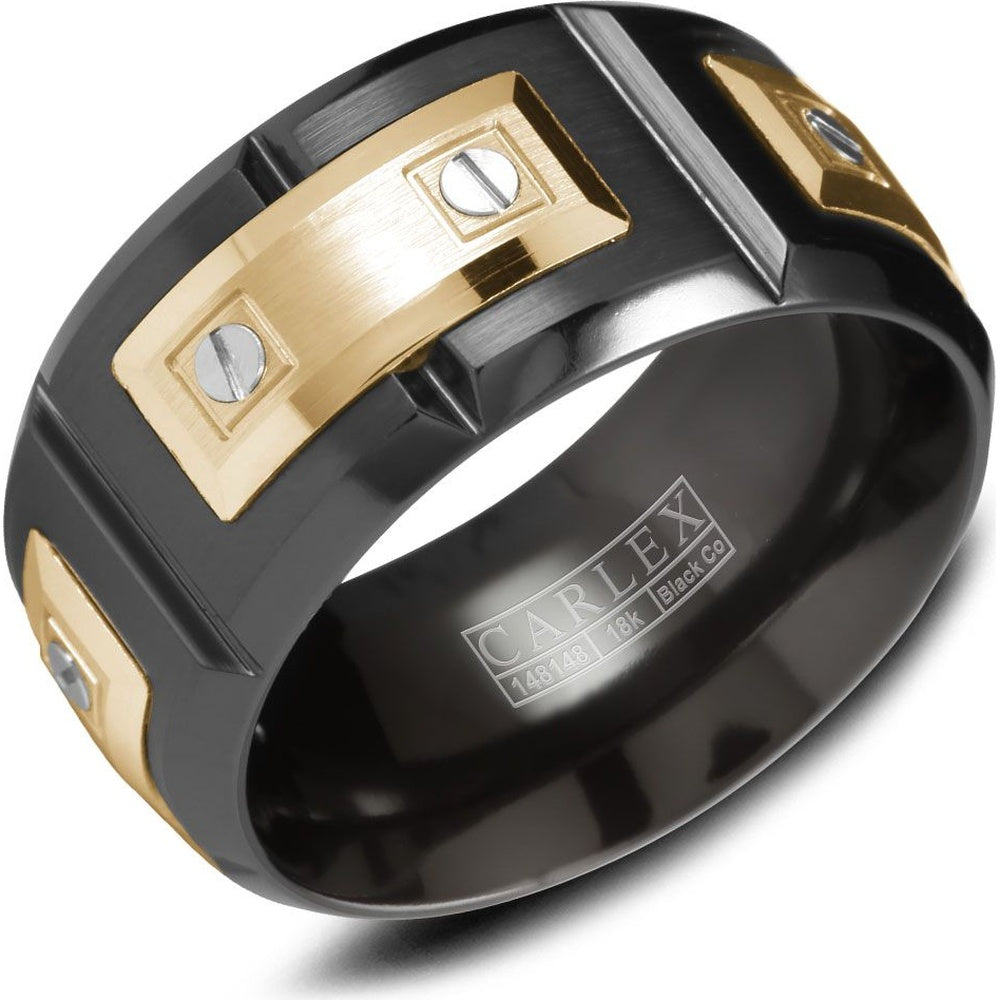 Carlex Men's Wedding Band - Black Cobalt and 18K Yellow Gold with Screw-Head Motif - 11mm Width from the Sport Collection