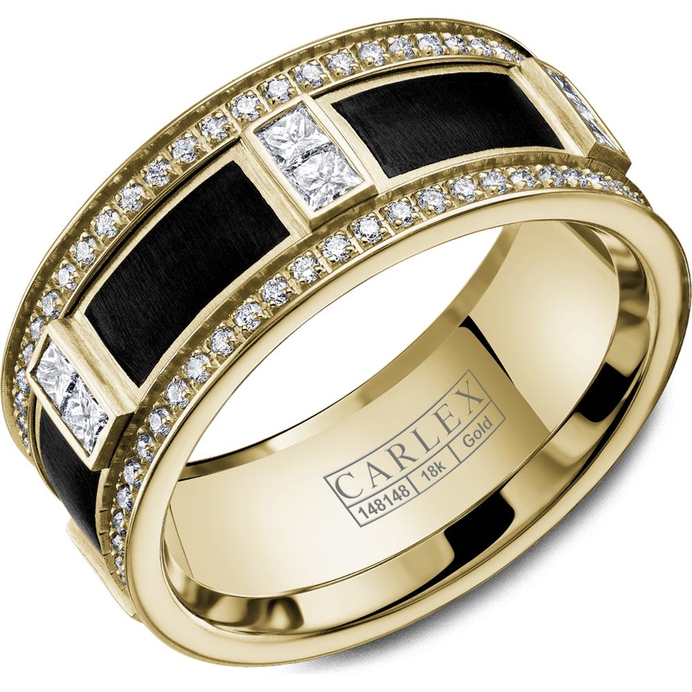 Carlex Men's Wedding Band - Black Enamel Inlay with Princess Cut Diamonds and Pavé Accents in Yellow Gold - 10mm Width from the G1 Collection
