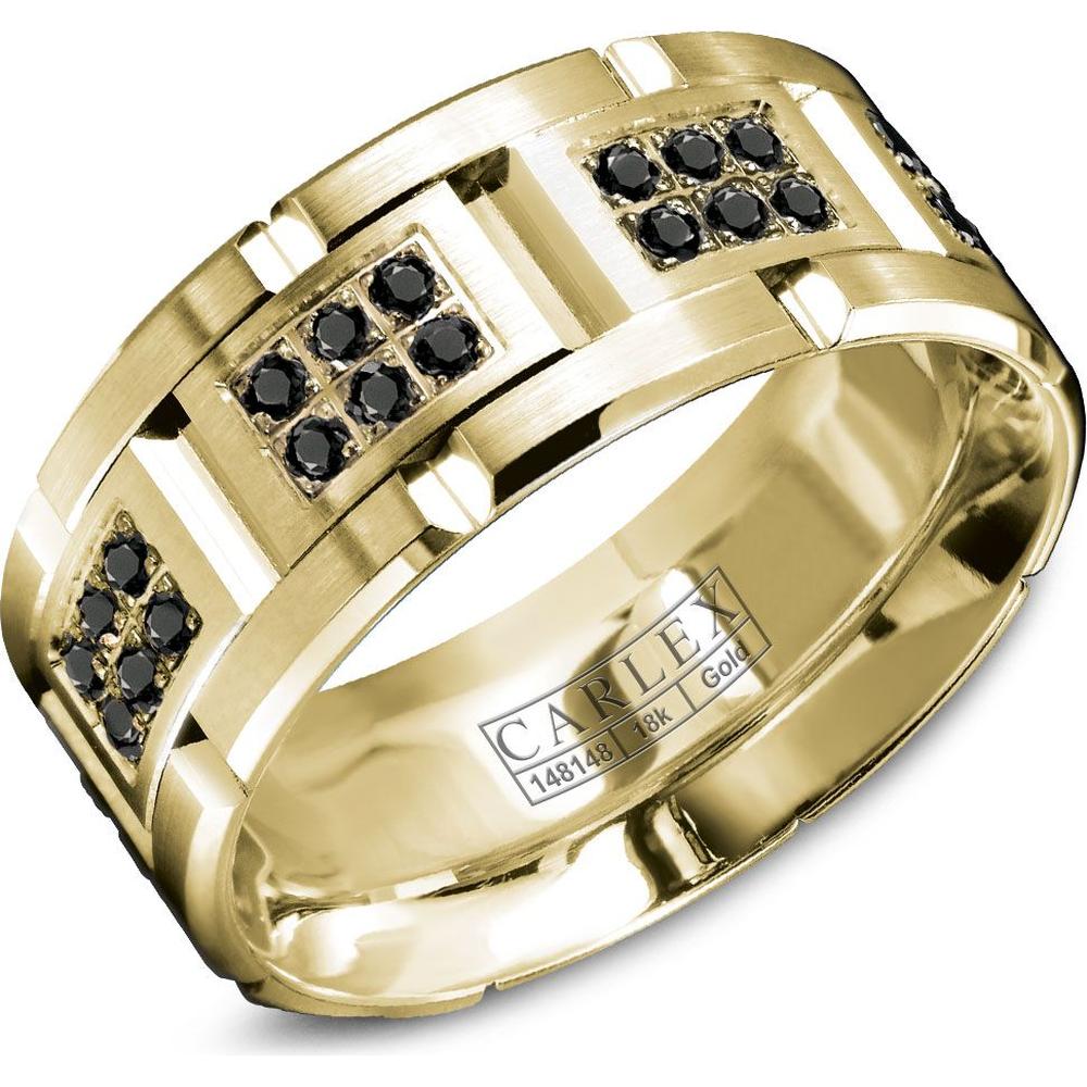 Carlex Men's Wedding Band - Brushed Bands with Black Hexa-Diamond Panels and Polished Notches in Yellow Gold - 9mm Width from the G1 Collection