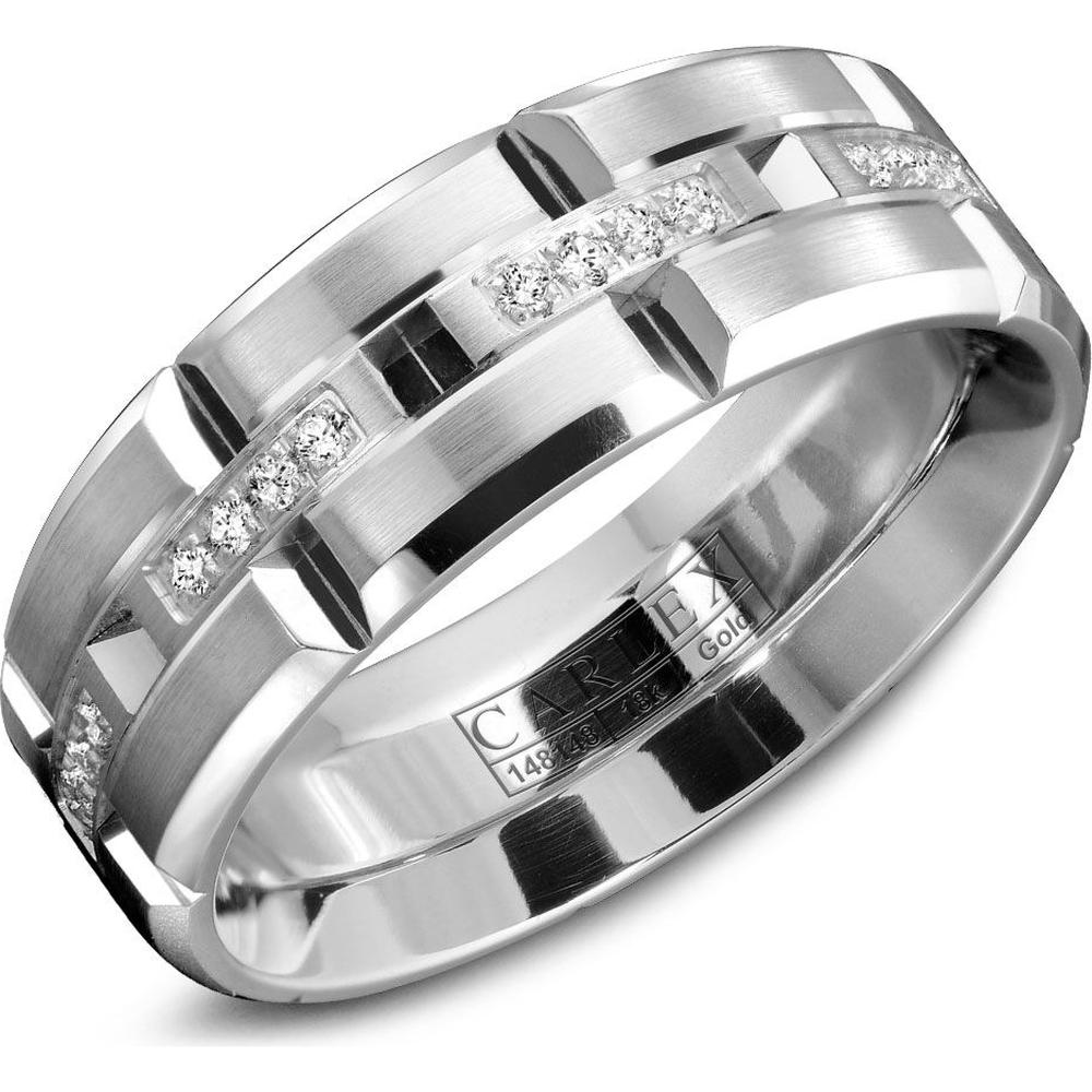 Carlex Men's Wedding Band - Brushed Bands with Diamond-Accented Gold Inlay and Polished Notches in White Gold - 7.5mm Width from the G1 Collection