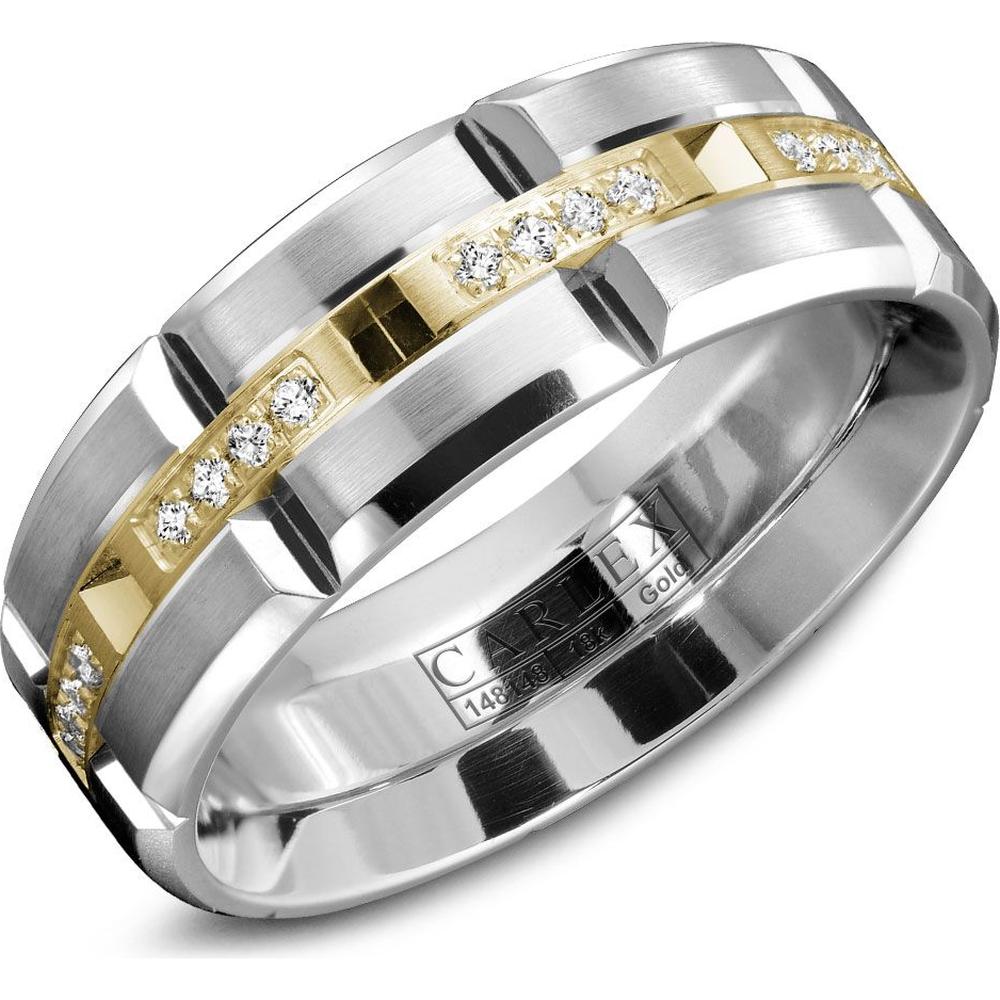 Carlex Men's Wedding Band - Brushed Bands with Diamond-Accented Gold Inlay and Polished Notches in White Gold and Yellow Gold - 7.5mm Width from the G1 Collection