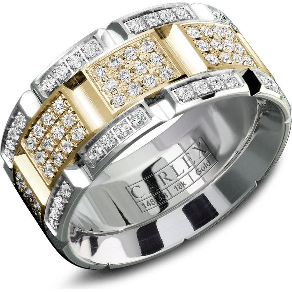 Carlex Men's Wedding Band - Brushed Bands with Full Diamond Panels and Polished Notches in White Gold and Yellow Gold - 9.5mm Width from the G1 Collection