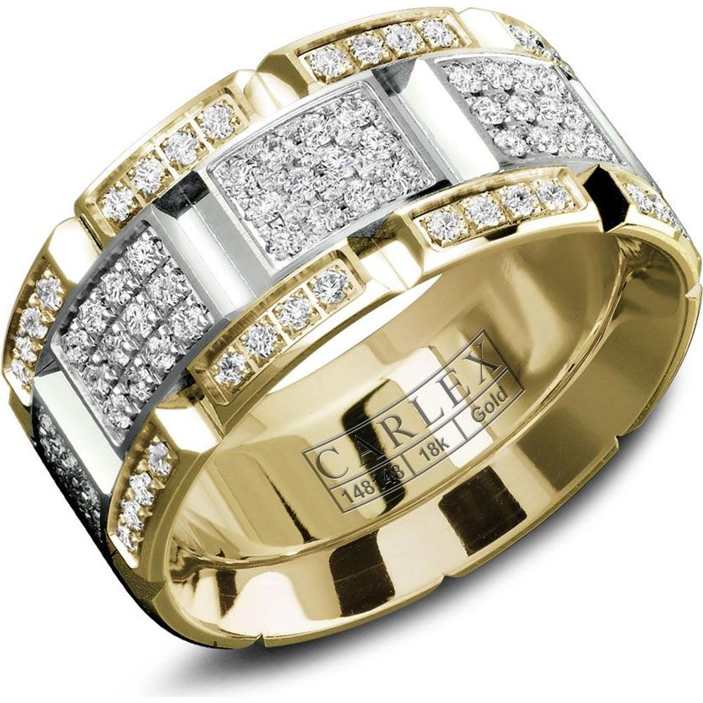 Carlex Men's Wedding Band - Brushed Bands with Full Diamond Panels and Polished Notches in Yellow Gold - 9.5mm Width from the G1 Collection