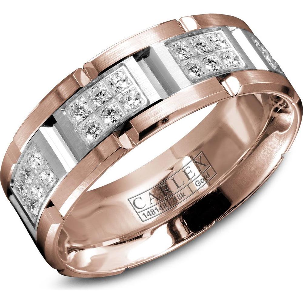 Carlex Men's Wedding Band - Brushed Bands with Hexa-Diamond Panels and Polished Notches in Rose Gold and White Gold - 7.5mm Width from the G1 Collection