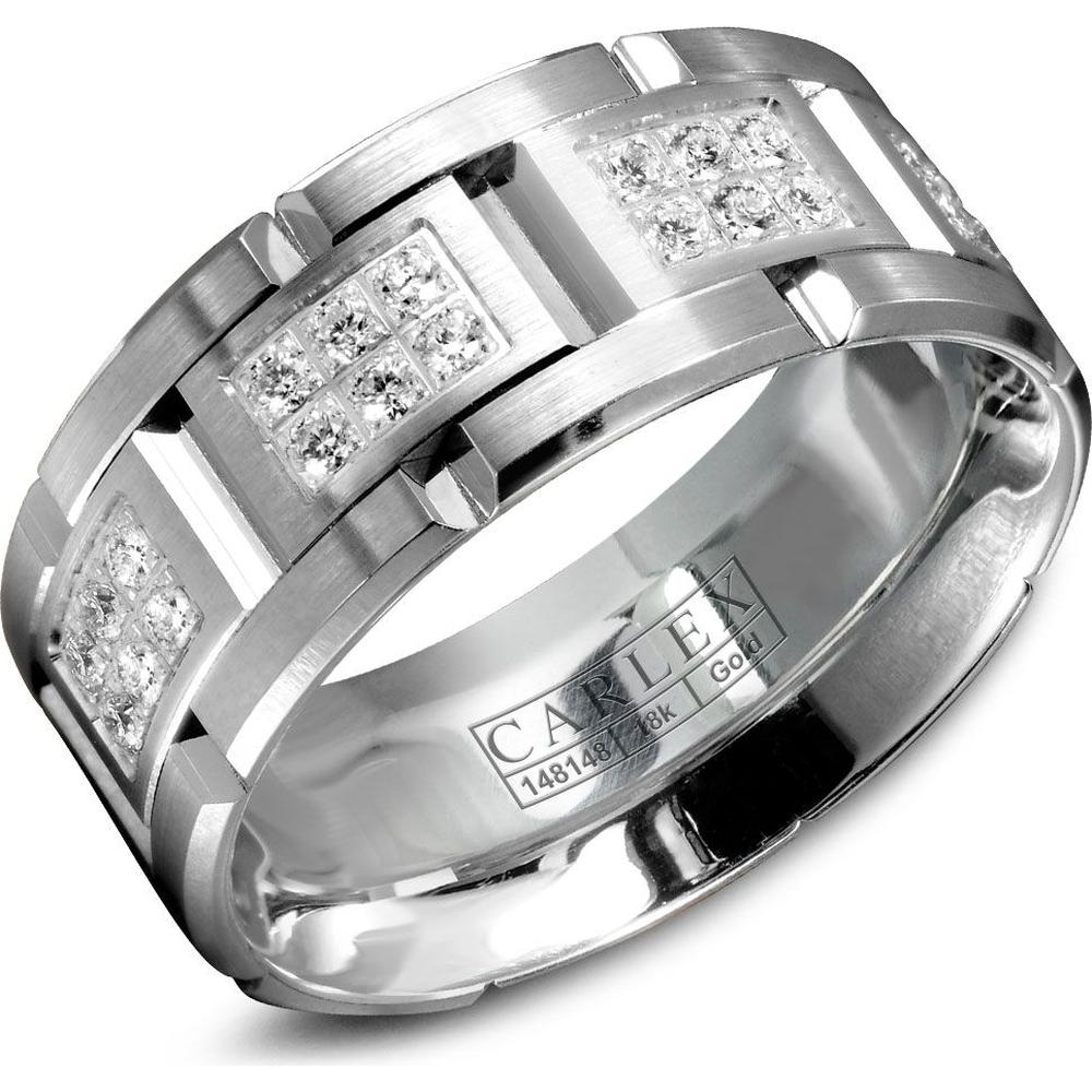 Carlex Men's Wedding Band - Brushed Bands with Hexa-Diamond Panels and Polished Notches in White Gold - 9mm Width from the G1 Collection