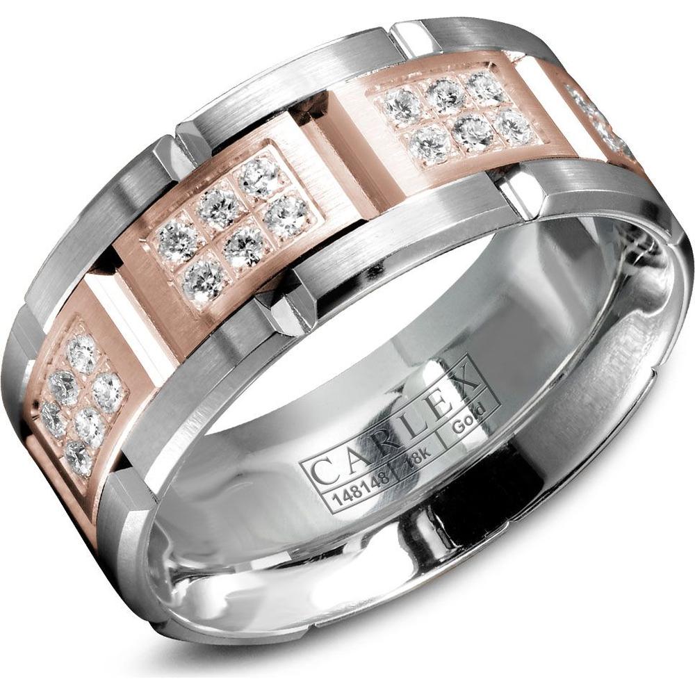 Carlex Men's Wedding Band - Brushed Bands with Hexa-Diamond Panels and Polished Notches in White Gold and Rose Gold - 9mm Width from the G1 Collection
