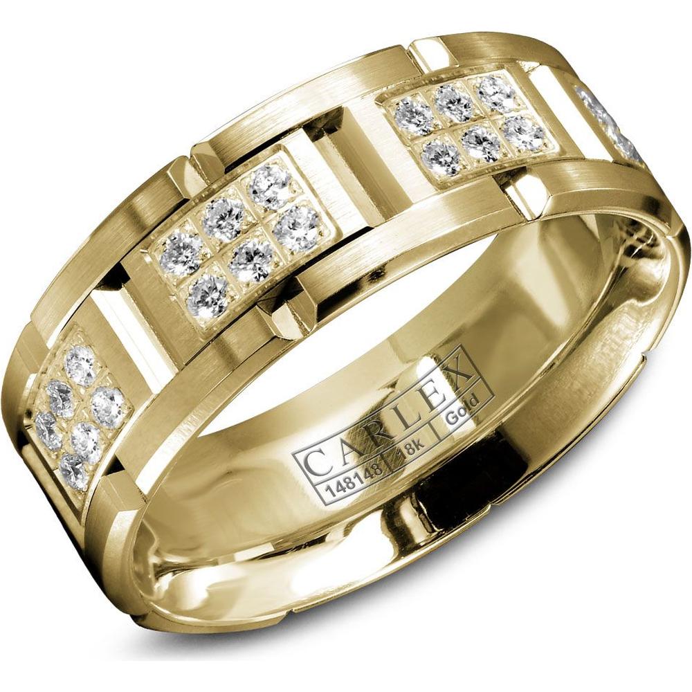 Carlex Men's Wedding Band - Brushed Bands with Hexa-Diamond Panels and Polished Notches in Yellow Gold - 7.5mm Width from the G1 Collection
