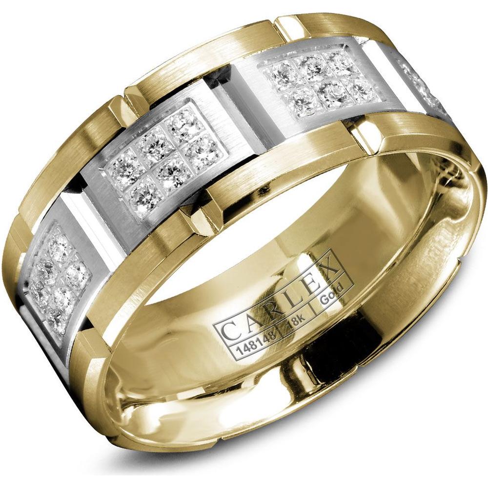 Carlex Men's Wedding Band - Brushed Bands with Hexa-Diamond Panels and Polished Notches in Yellow Gold and White Gold - 9mm Width from the G1 Collection