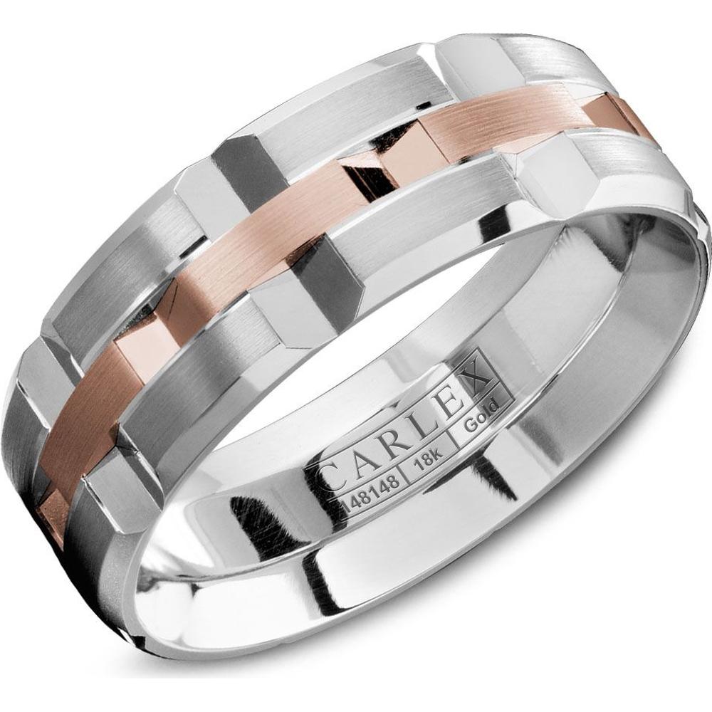 Carlex Men's Wedding Band - Brushed Bands with Polished Geometric Notches in White Gold and Rose Gold - 7.5mm Width from the G1 Collection