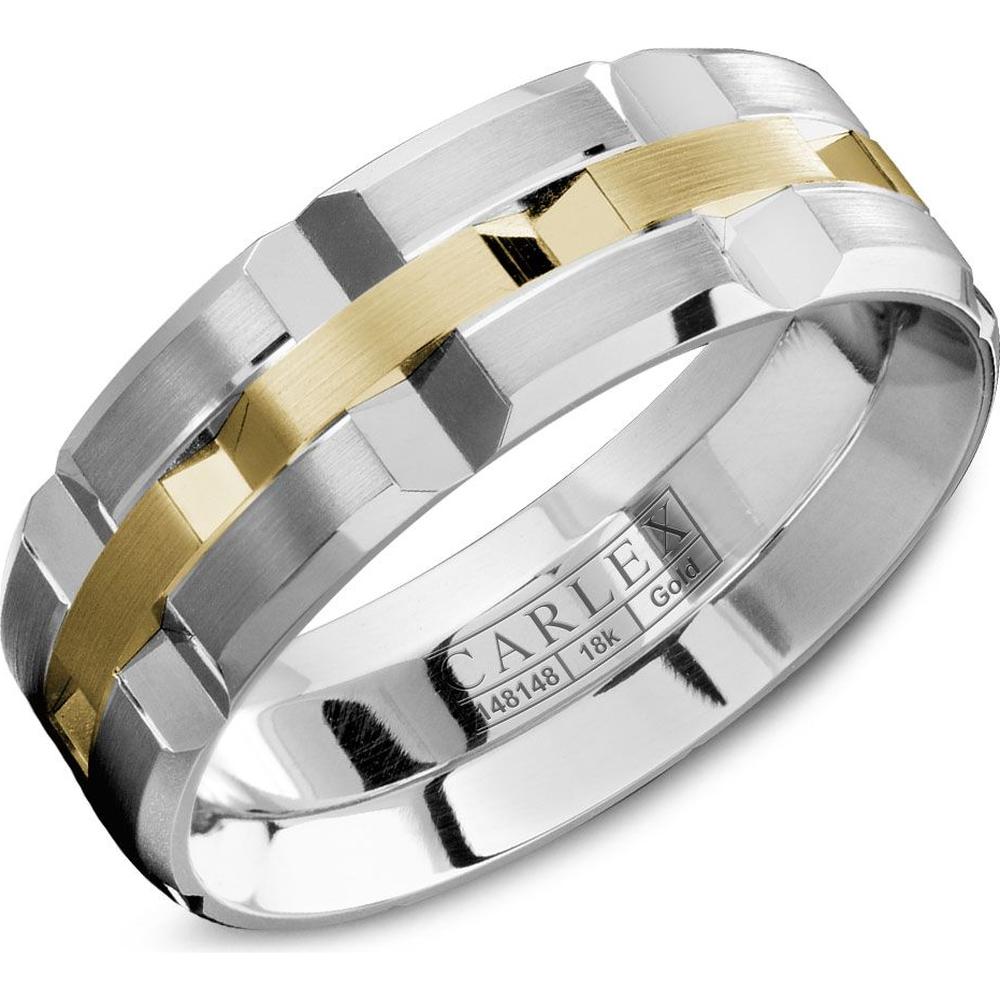 Carlex Men's Wedding Band - Brushed Bands with Polished Geometric Notches in White Gold and Yellow Gold - 7.5mm Width from the G1 Collection