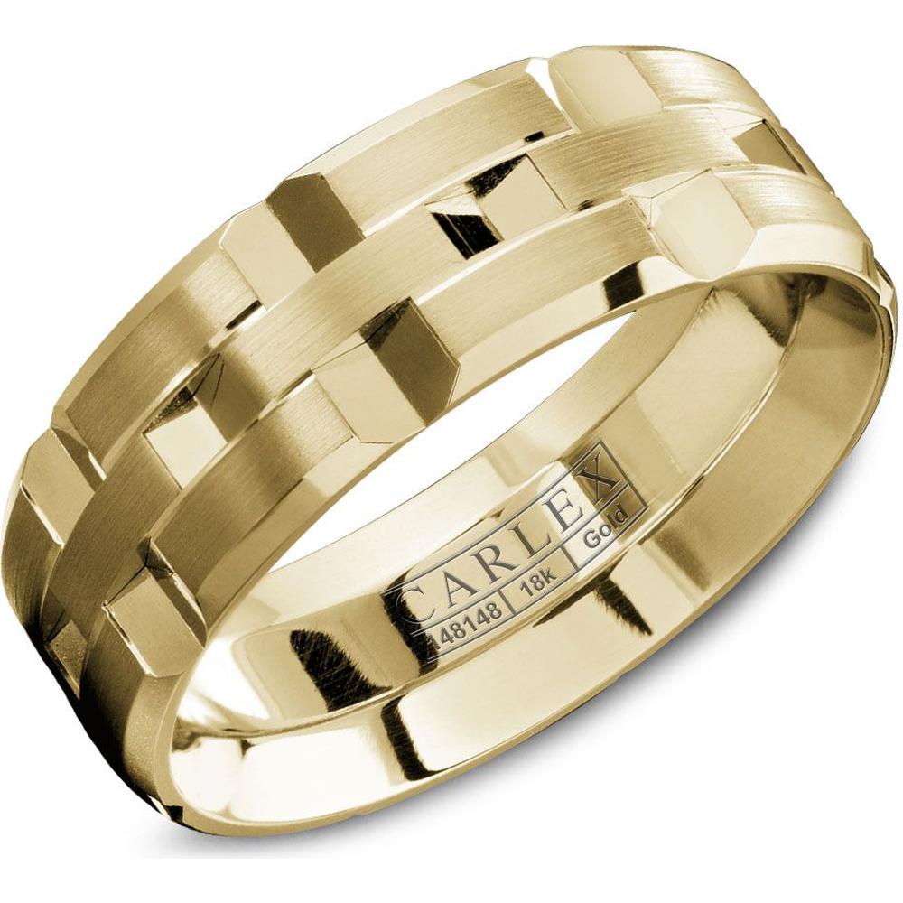 Carlex Men's Wedding Band - Brushed Bands with Polished Geometric Notches in Yellow Gold - 7.5mm Width from the G1 Collection