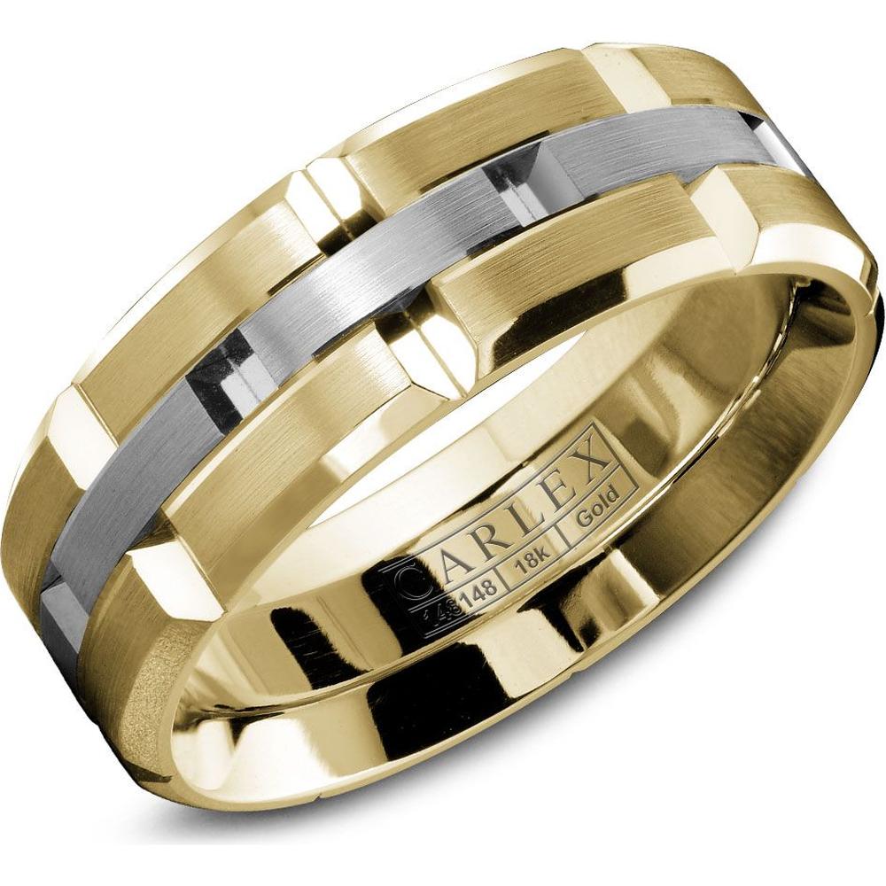 Carlex Men's Wedding Band - Brushed Bands with Polished Geometric Notches in Yellow Gold and White Gold - 7.5mm Width from the G1 Collection