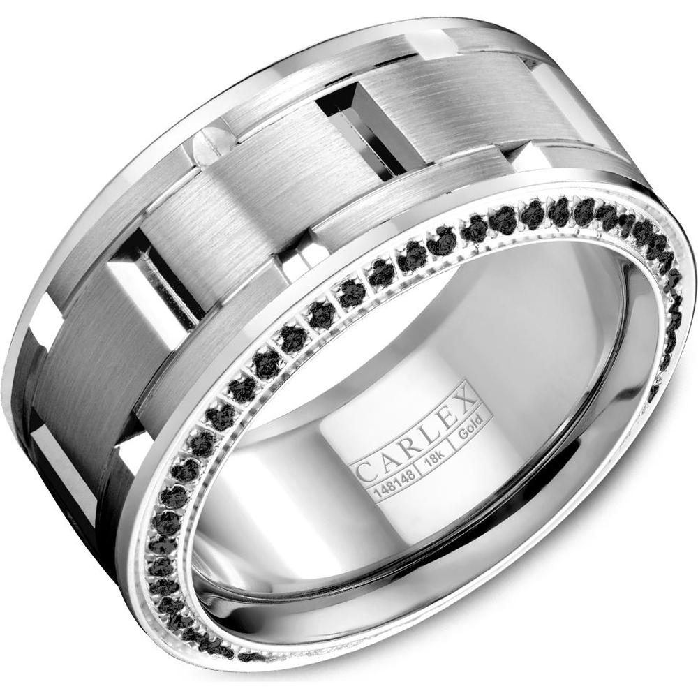 Carlex Men's Wedding Band - Brushed Bands with Polished Notches and Black Diamond Accented Edges in White Gold - 10mm Width from the G1 Collection
