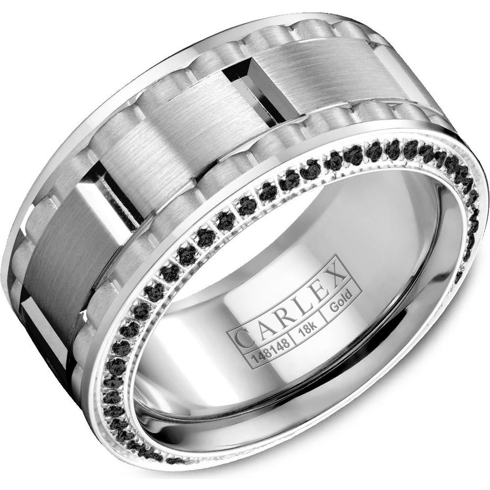 Carlex Men's Wedding Band - Brushed Bands with Polished Notches and Black Diamond Accented Edges in White Gold - 10mm Width from the G1 Collection
