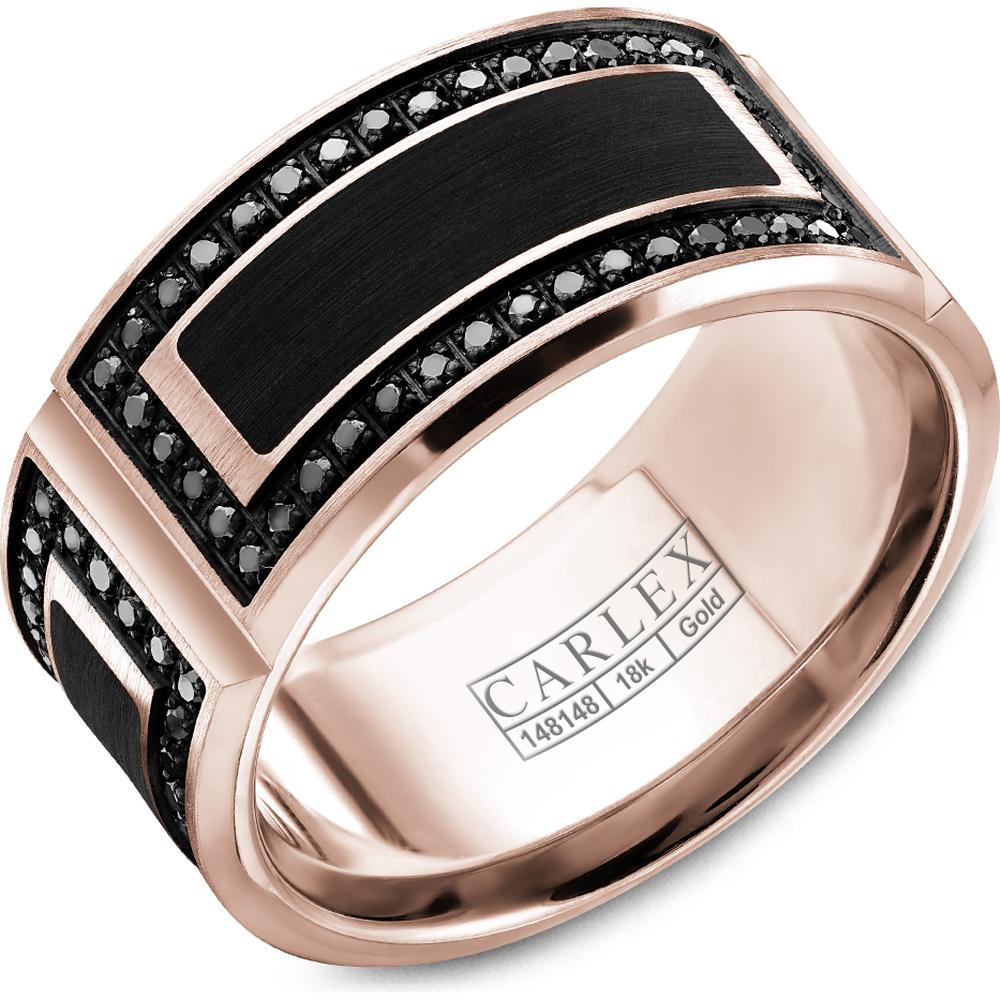 Carlex Men's Wedding Band - Brushed Black Enamel Inlay with Black Diamond Accents and Polished Edges in Rose Gold and Black Enamel - 11mm Width from the G2 Collection