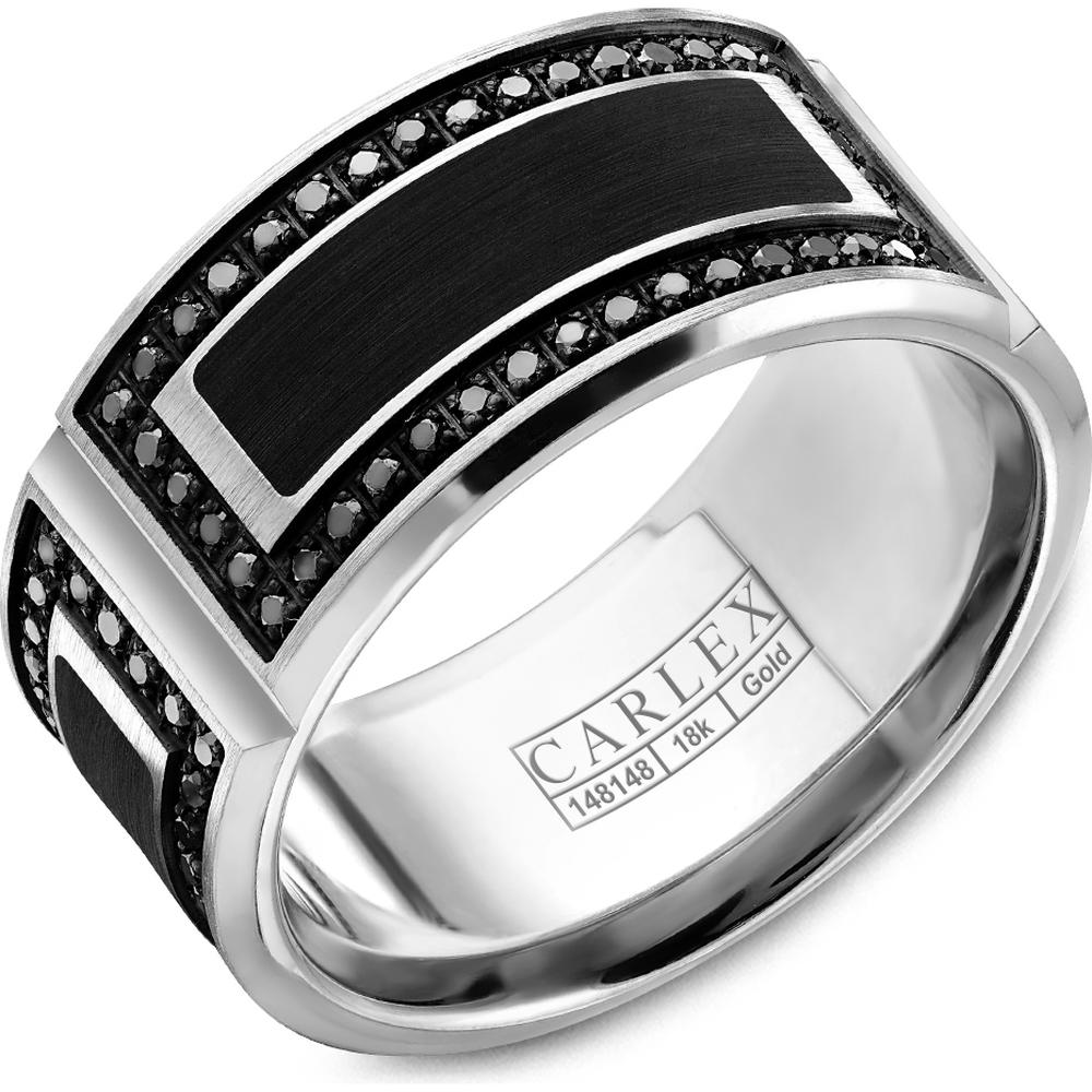 Carlex Men's Wedding Band - Brushed Black Enamel Inlay with Black Diamond Accents and Polished Edges in White Gold and Black Enamel - 11mm Width from the G2 Collection