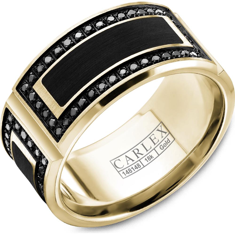 Carlex Men's Wedding Band - Brushed Black Enamel Inlay with Black Diamond Accents and Polished Edges in Yellow Gold and Black Enamel - 11mm Width from the G2 Collection