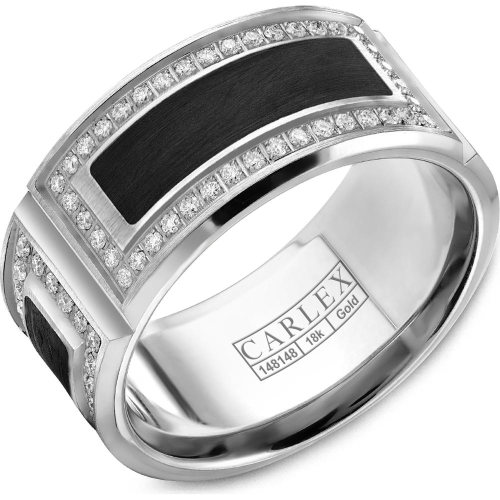 Carlex Men's Wedding Band - Brushed Black Enamel Inlay with Diamond Accents and Polished Edges in White Gold and Black Enamel - 11mm Width from the G2 Collection