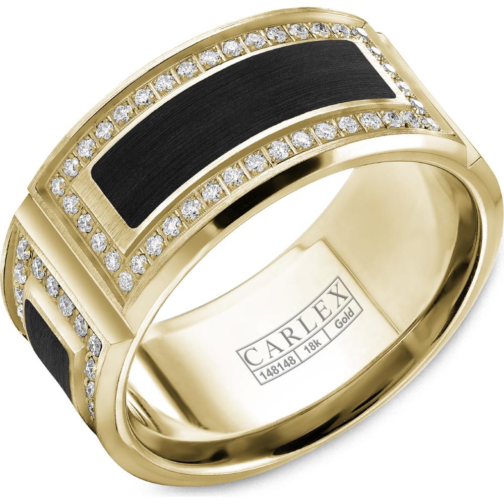 Carlex Men's Wedding Band - Brushed Black Enamel Inlay with Diamond Accents and Polished Edges in Yellow Gold and Black Enamel - 11mm Width from the G2 Collection