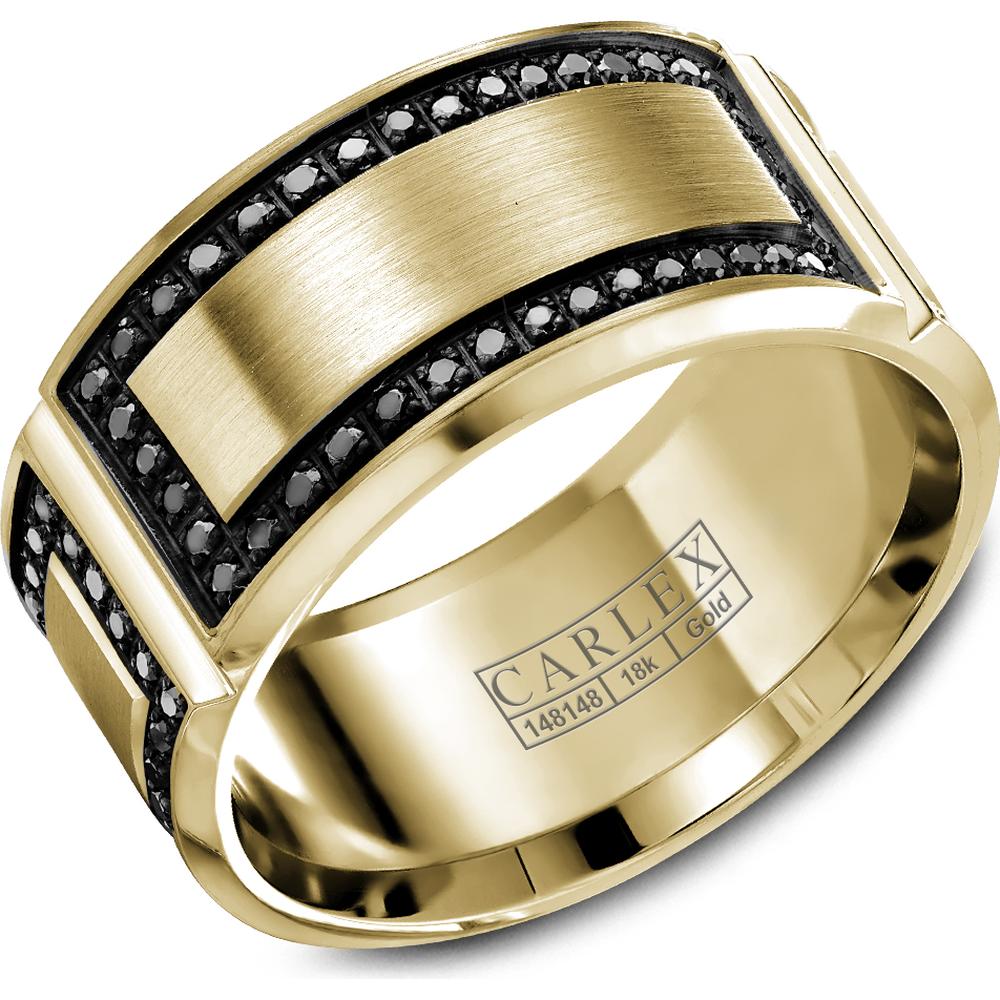 Carlex Men's Wedding Band - Brushed Center Panels Framed with Black Diamond Accents and Polished Edges in Yellow Gold and Black Enamel - 11mm Width from the G2 Collection