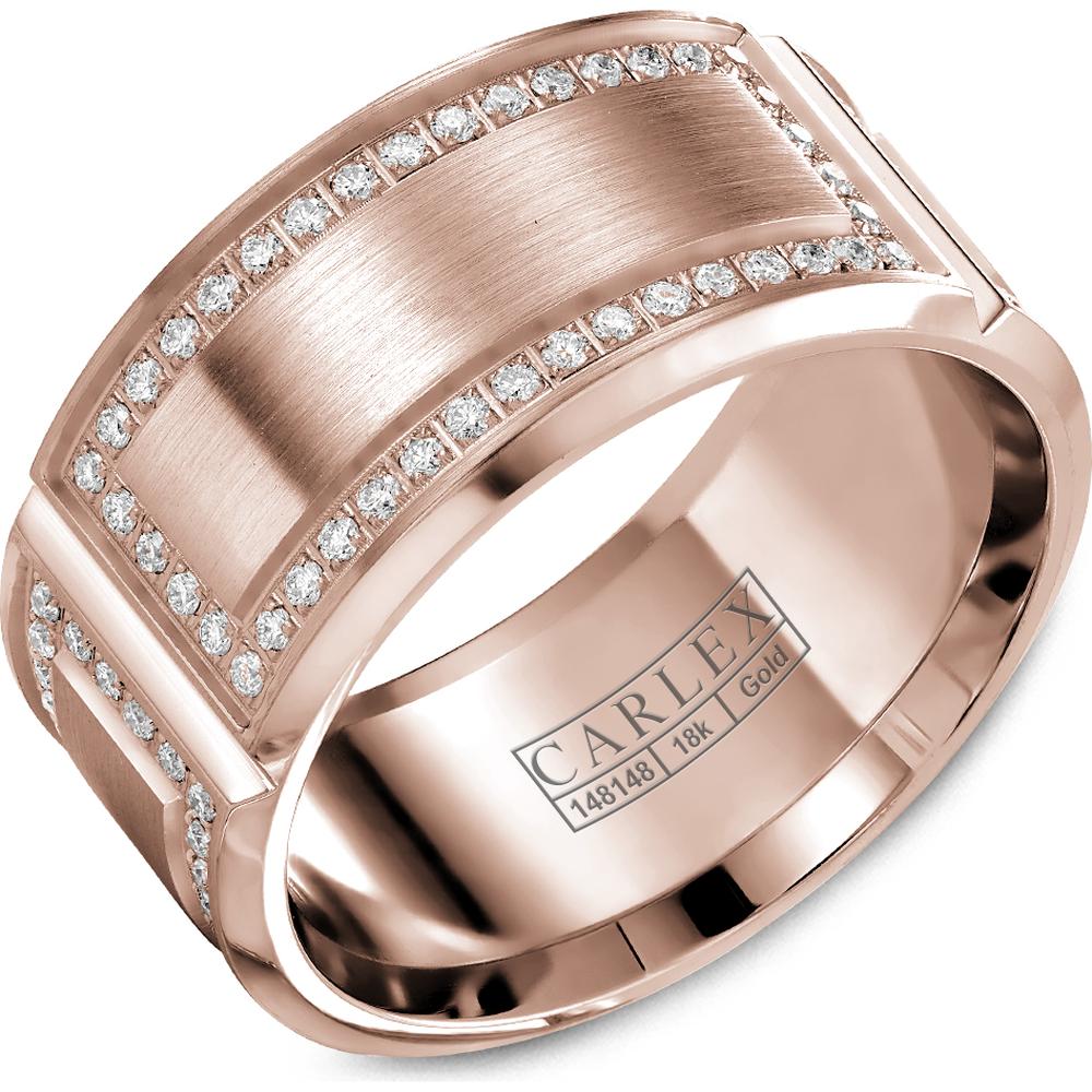 Carlex Men's Wedding Band - Brushed Center Panels Framed with Diamond Accents and Polished Edges in Rose Gold - 11mm Width from the G2 Collection
