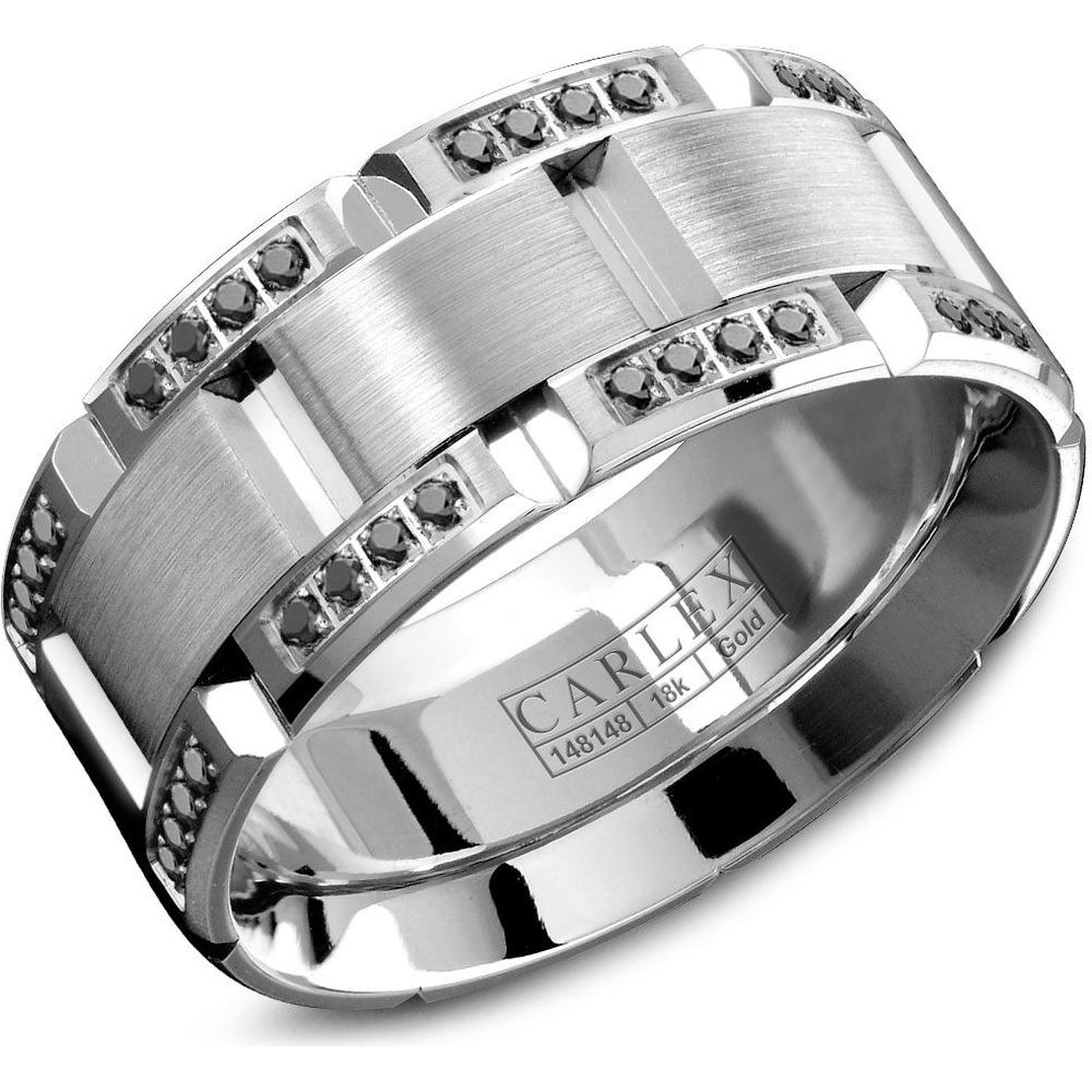 Carlex Men's Wedding Band - Brushed Notched Bands with Black Diamond Accented Edges in White Gold - 9.5mm Width from the G1 Collection