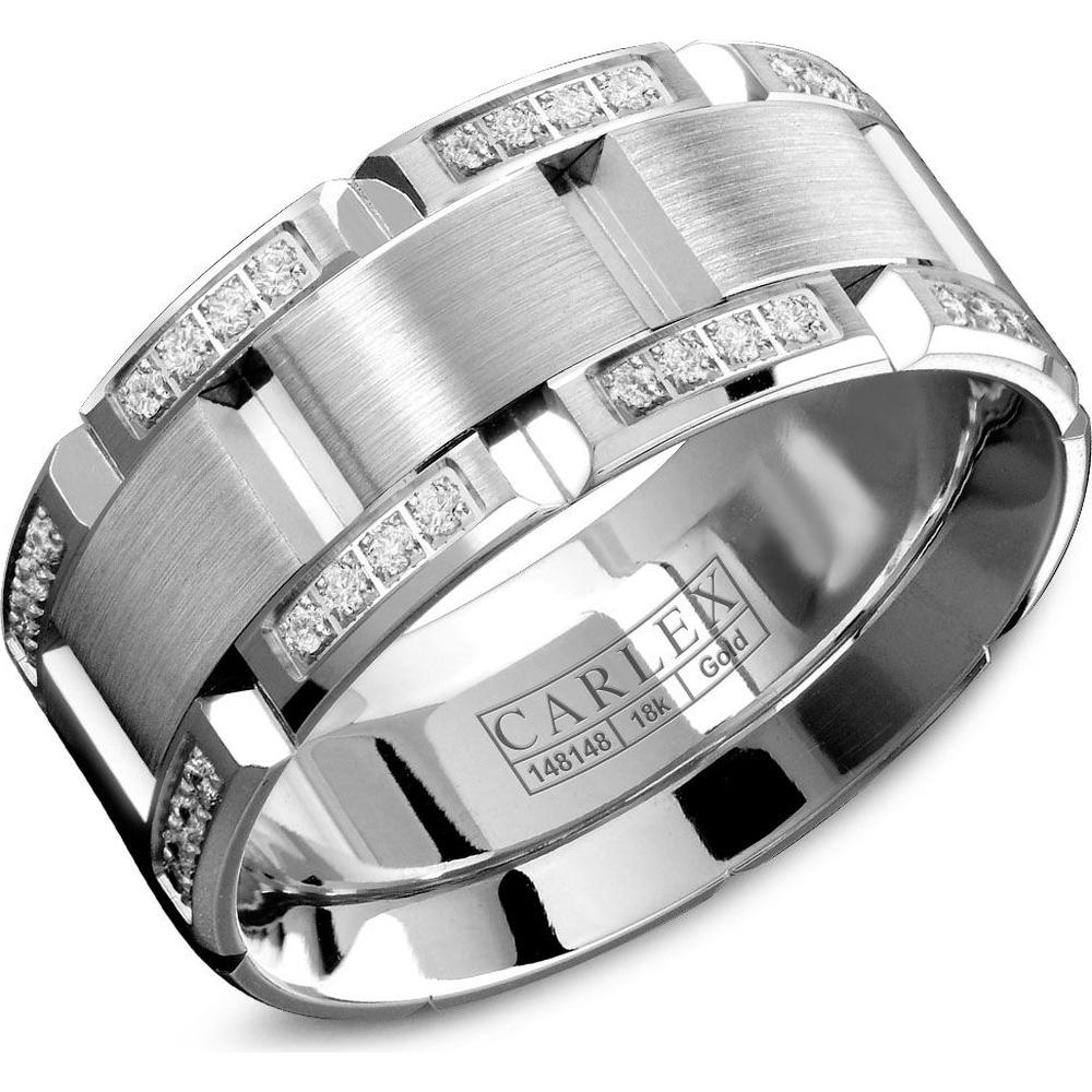Carlex Men's Wedding Band - Brushed Notched Bands with Diamond Accented Edges in White Gold - 9.5mm Width from the G1 Collection