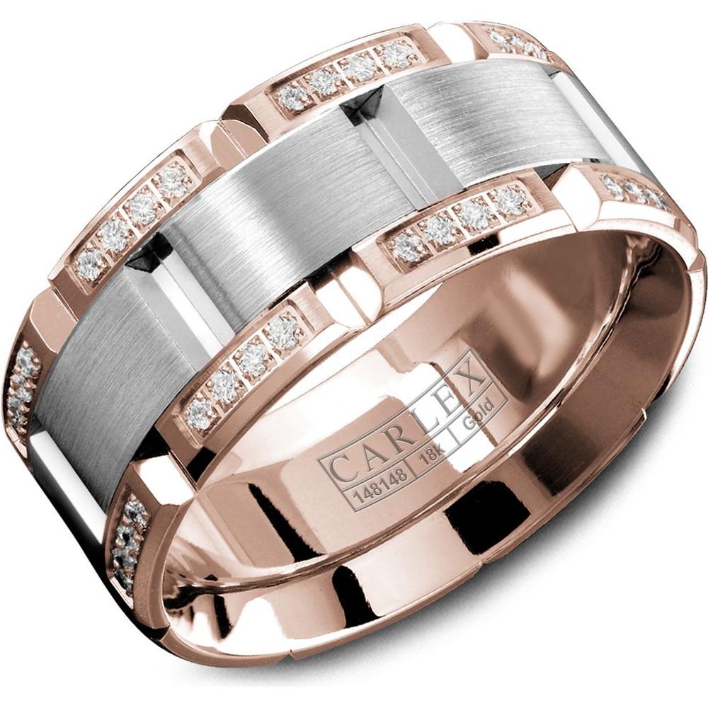 Carlex Men's Wedding Band - Brushed Notched Bands with Diamond Accented Edges in White Gold and Rose Gold - 9.5mm Width from the G1 Collection